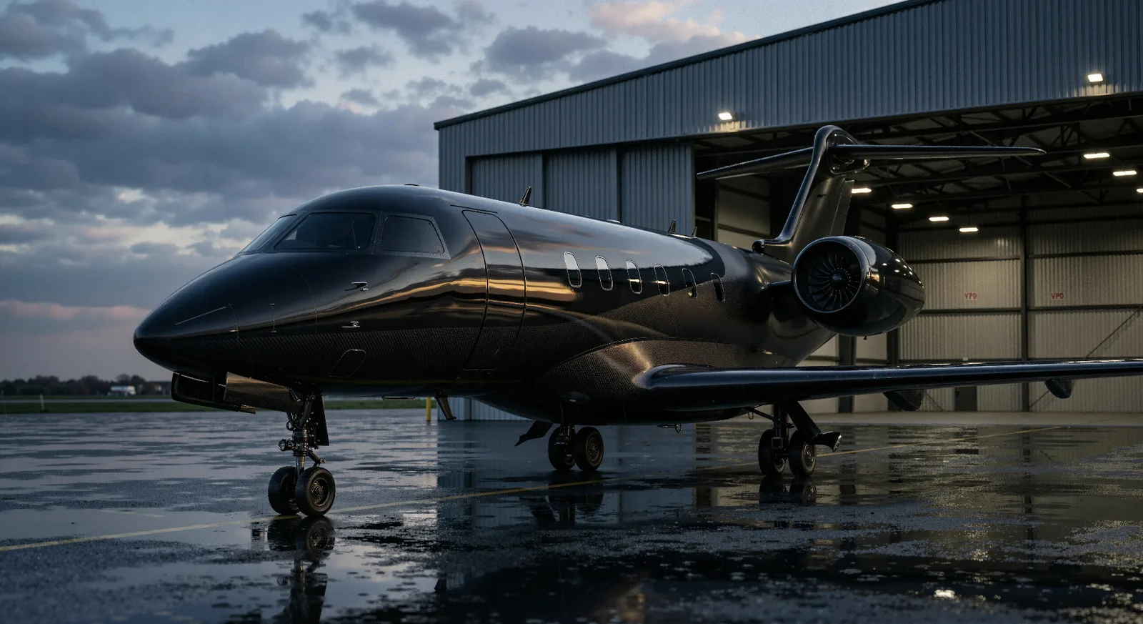 Blacked-out private jet parked on a wet ramp outside a hangar at dusk