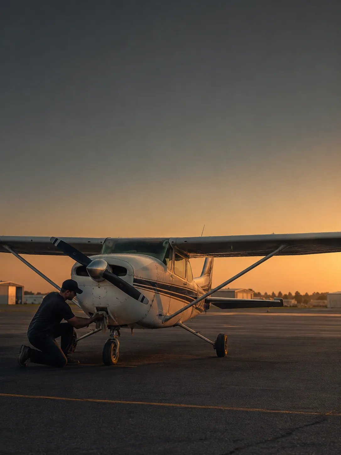 Detailer wiping the nose of a private jet on the ramp at dusk