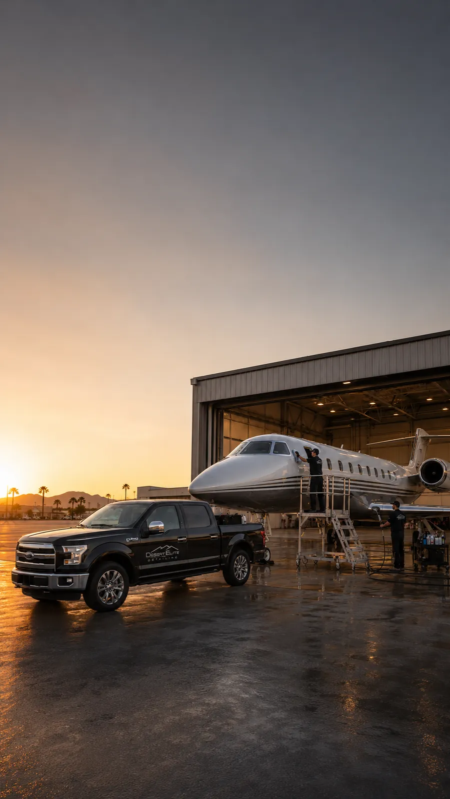 Private jet on a sunset hangar ramp