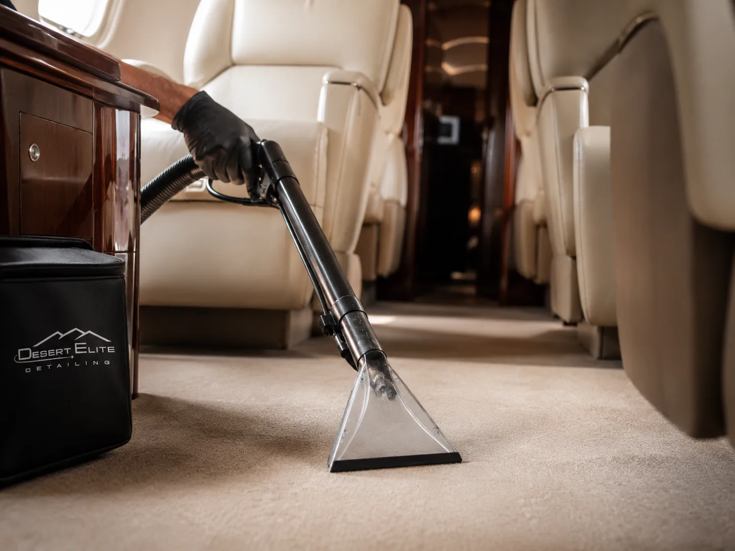 Professional extraction tool cleaning light carpet inside a business jet cabin