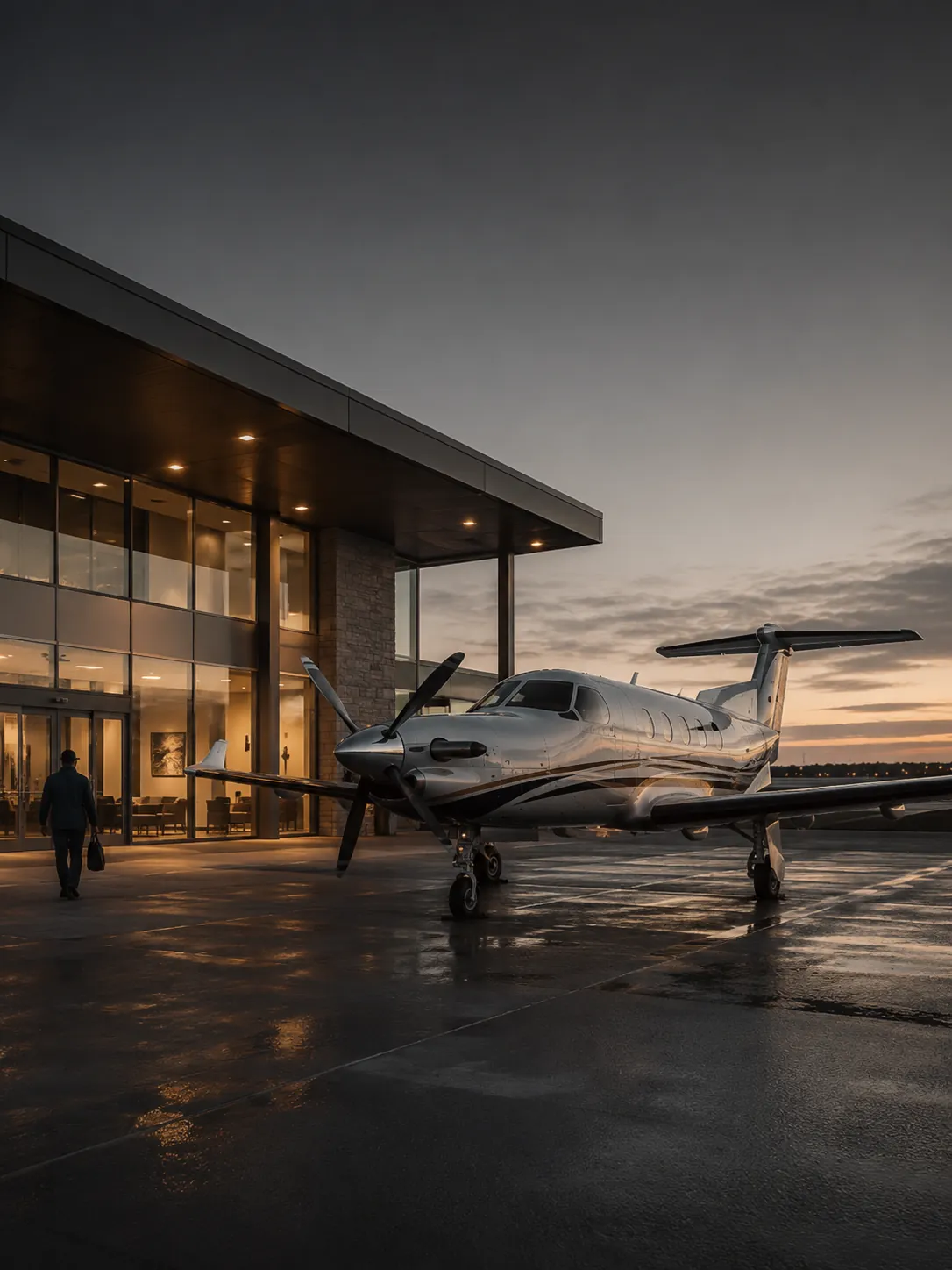 Private jet parked outside a modern FBO terminal at twilight
