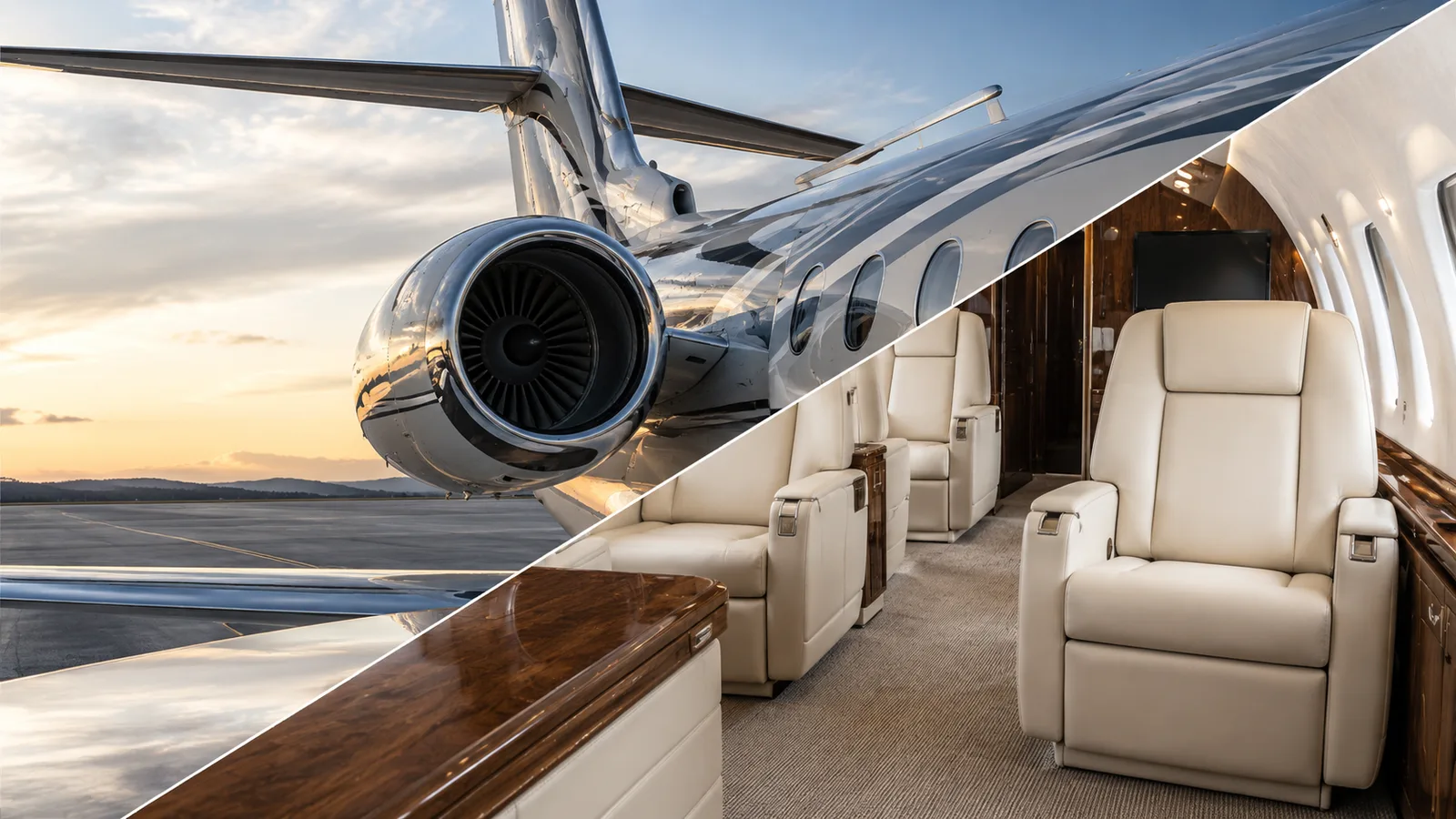 Split image showing a polished private jet exterior and a pristine cream leather business jet interior